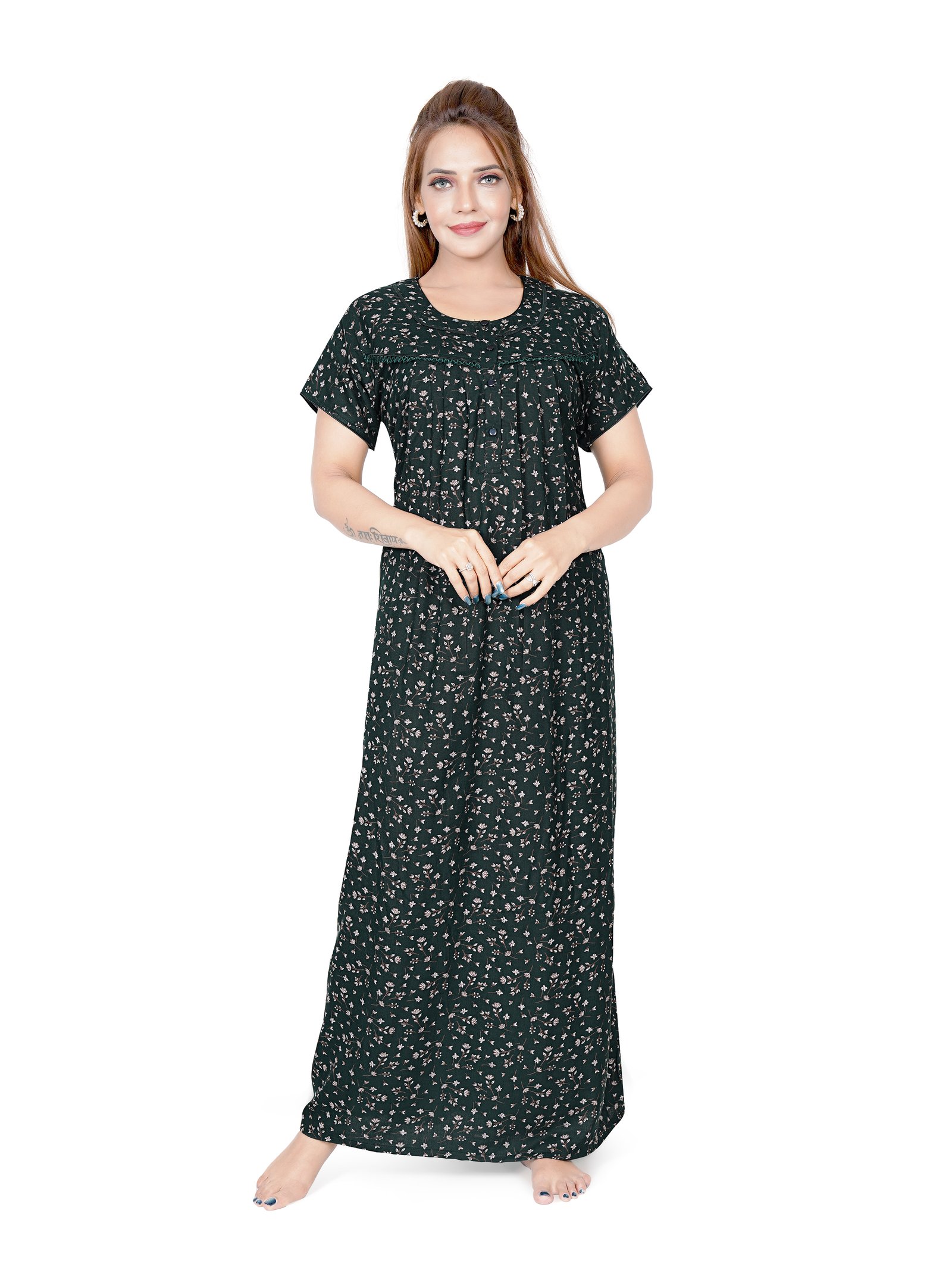 Women’s Premium Alpine Maxi Nighty | Floral Printed Pleated Night Gown | Regular Fit | Round Neck | Short Sleeves | Right Side Pocket | Lounge Wear