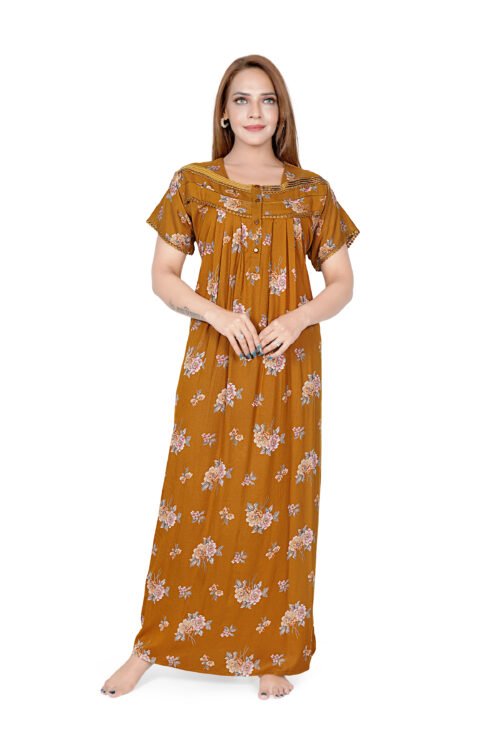 Malviya Night Wear Women’s Premium Apline Floral Printed Nighty Maxi Dress | V-Neck, Short Sleeves, Lace Detail, Soft Breathable Fabric, Comfortable Regular Fit Lounge Sleepwear