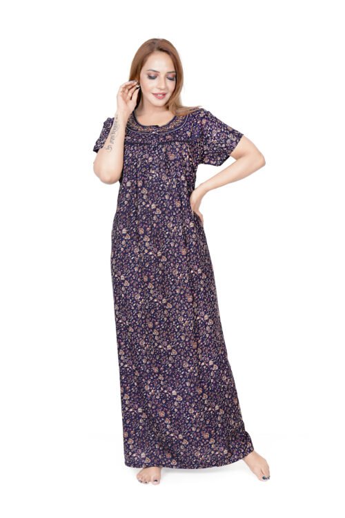 Malviya Night Wear Women’s Premium Alpine Floral Printed Nighty | Round Neck, Short Sleeves, Soft Breathable Fabric, Full Length Maxi Nightdress, Comfortable Lounge & Sleepwear