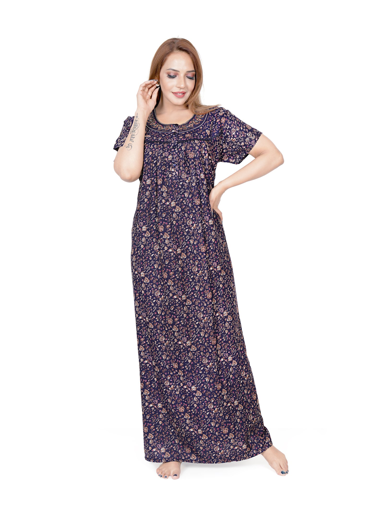 Women’s Premium Alpine Floral Printed Nighty | Round Neck, Short Sleeves, Soft Breathable Fabric