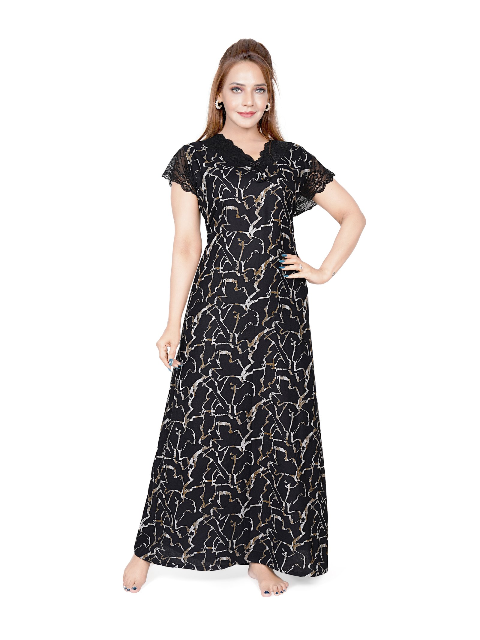 Women’s Alpine Printed Nighty | Lace V-Neck, Elegant Lace Sleeves, Full Length Maxi Nightdress, Comfortable Sleepwear & Lounge Wear