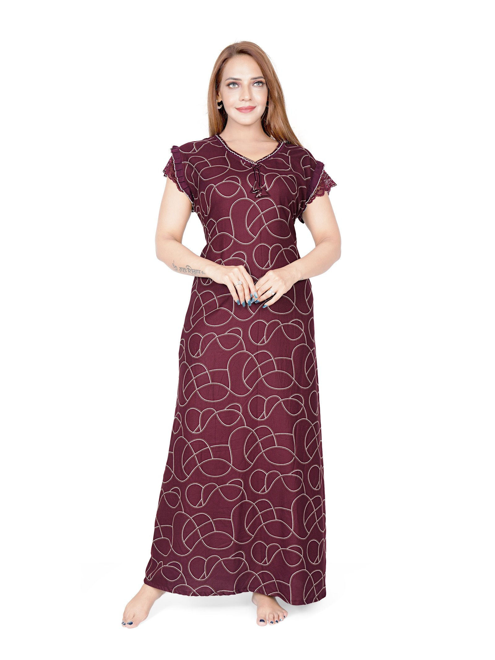 Women’s Alpine Nighty Maxi Nightdress with Lace Sleeves, V-Neck, Side Pocket, Full Length Soft Breathable Sleepwear Lounge Wear